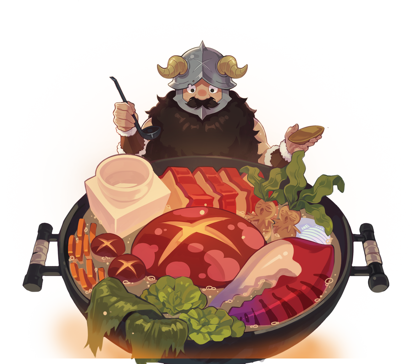 mandrake (dungeon meshi), senshi (dungeon meshi), dungeon meshi, artist request, highres, official art, second-party source, 1boy, bare shoulders, beard, big nose, black eyes, bowl, brown facial hair, carrot, dwarf, facial hair, facing viewer, fingernails, food, food focus, full beard, helmet, holding, holding bowl, holding ladle, horns, hotpot, ladle, lettuce, lobster claw, long beard, mandrake, muscular, muscular male, mushroom, mustache, shiitake, silver armor, simple background, soap bubbles, solid circle eyes, solo, soup, suction cups, transparent background, very long beard, wok, yellow horns