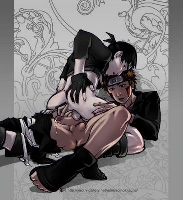 aoinokitsune, inuzuka kiba, sai (naruto), naruto (series), naruto shippuuden, lowres, 2boys, anal, bottomless, cum, cum pool, cumdrip, fingering, glans, leaf, male focus, male penetrated, multiple boys, penis, spread legs, yaoi