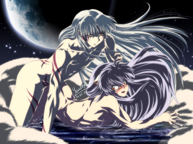 yanagoya, inuyasha (character), sesshoumaru, inuyasha, brother, anal, angry, blush, brothers, demon, incest, moon, night, nude, outdoors, sex, siblings, water, wet, yaoi