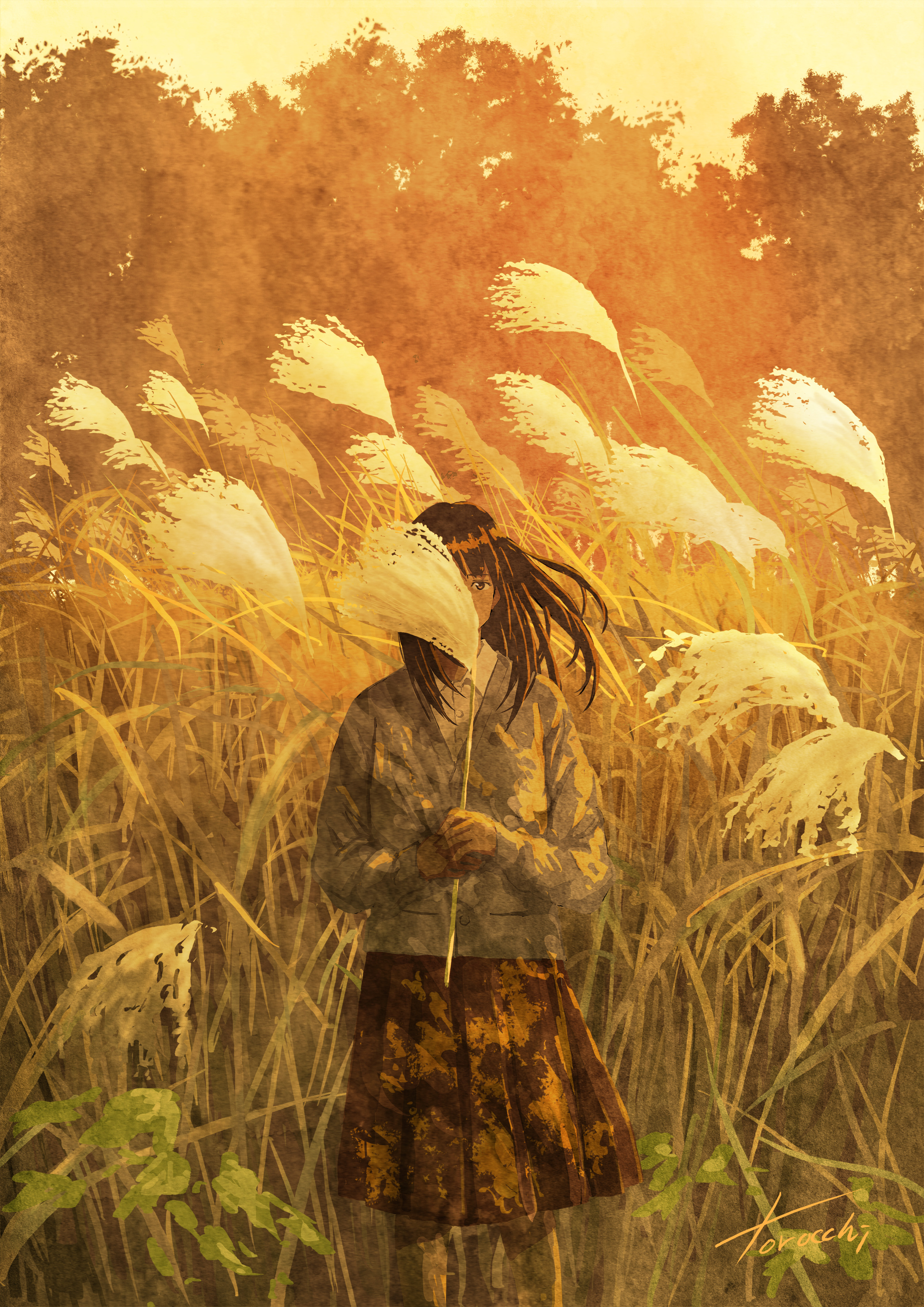 goke shike (altamira05), original, absurdres, commentary request, highres, variant set, 1girl, artist name, black hair, brown skirt, cardigan, covering face, evening, feet out of frame, field, grass, grey cardigan, long sleeves, medium hair, nature, outdoors, pleated skirt, shirt, skirt, solo, standing, susuki grass, tall grass, warm colored, white shirt