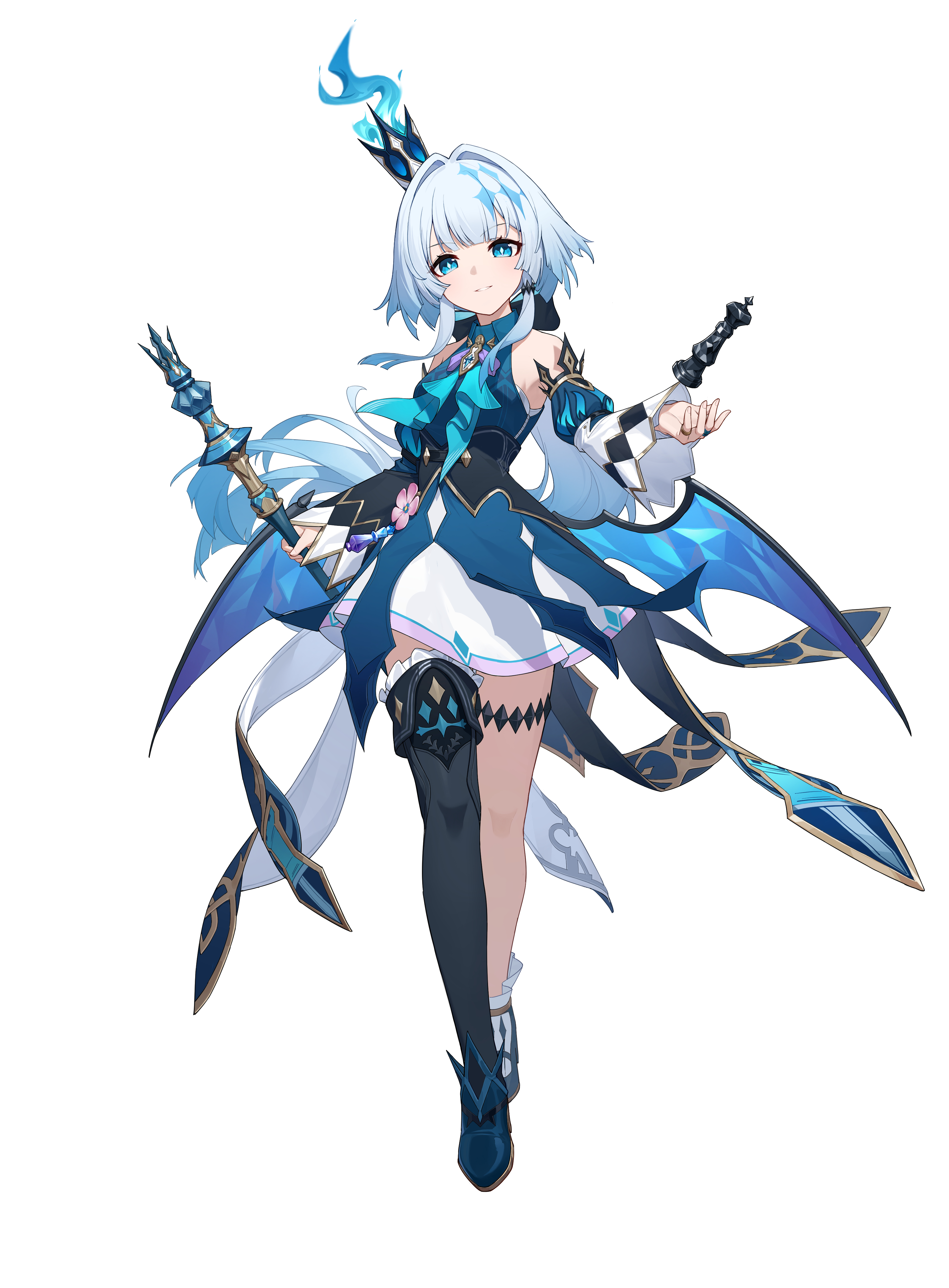 fenlinhuoshan, cerydra (honkai: star rail), honkai: star rail, honkai (series), absurdres, highres, 1girl, asymmetrical legwear, bare shoulders, black thighhighs, blue dress, blue eyes, blue fire, blue hair, boots, breasts, chess piece, crown, detached sleeves, dress, fire, full body, gradient hair, grey hair, holding, leg ribbon, long hair, looking at viewer, mini crown, multicolored hair, ribbon, scepter, simple background, single thighhigh, smile, solo, tachi-e, thighhighs, white background, wings