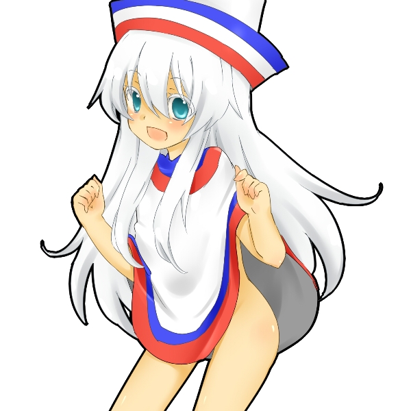 hakata-san, original, bad id, bad pixiv id, hat, naked poncho, personification, poncho, simple background, solo, white background, white hair