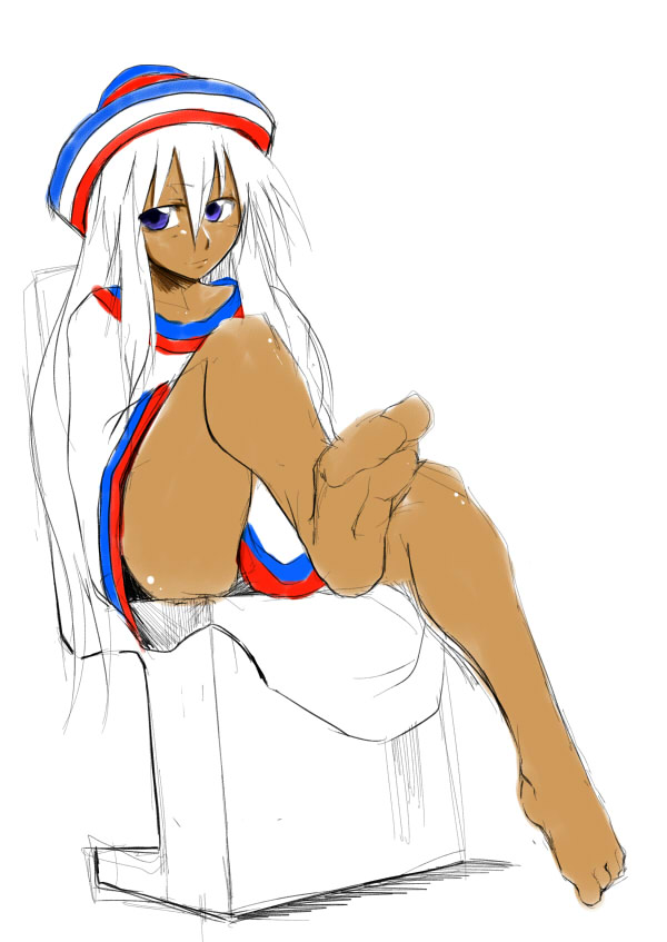 qoom, hakata-san, original, 1girl, artistic error, barefoot, dark-skinned female, dark skin, feet, female focus, hat, mexico, sketch, solo, white hair