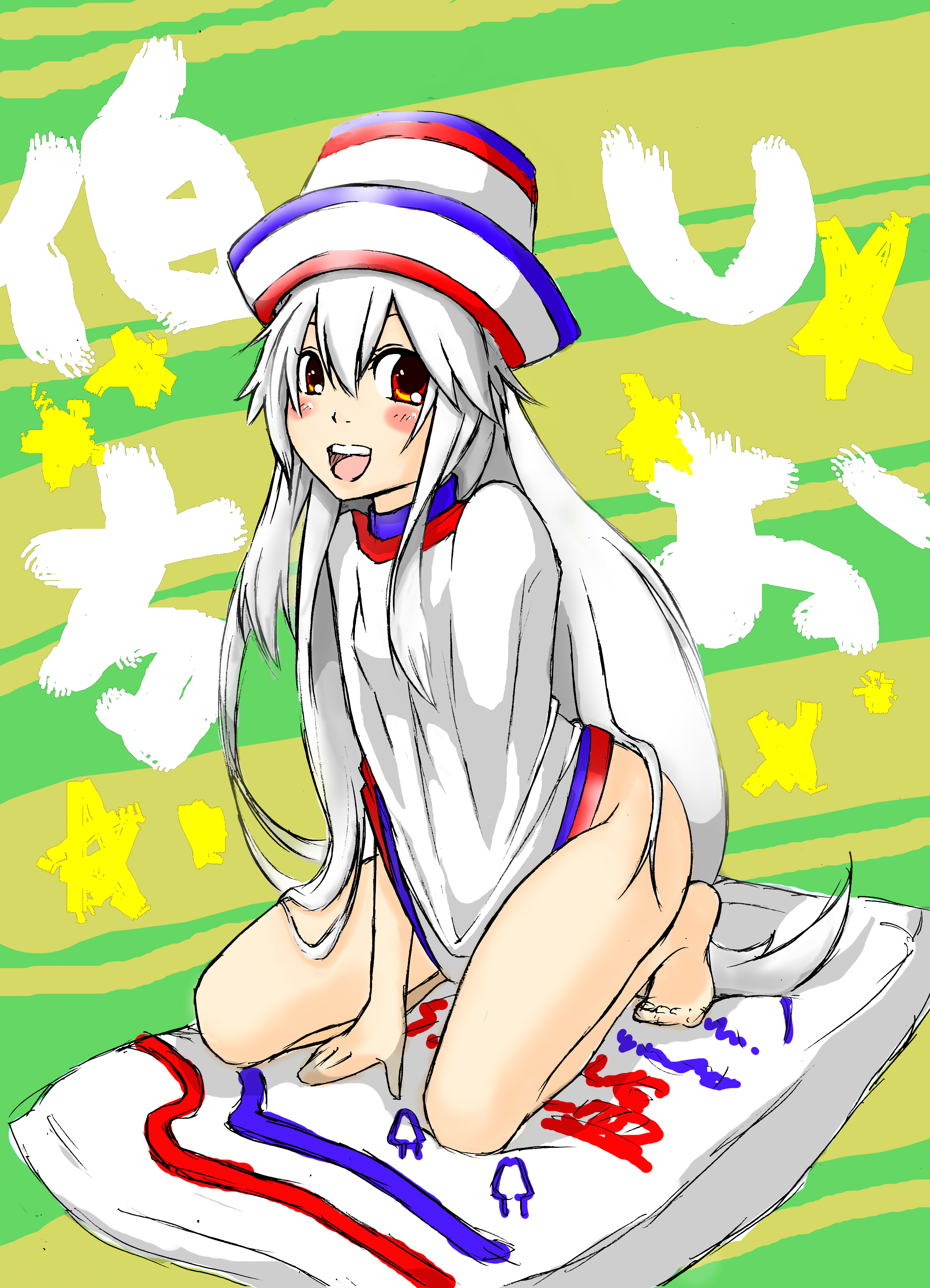 hakata-san, original, absurdres, highres, barefoot, hat, solo, white hair