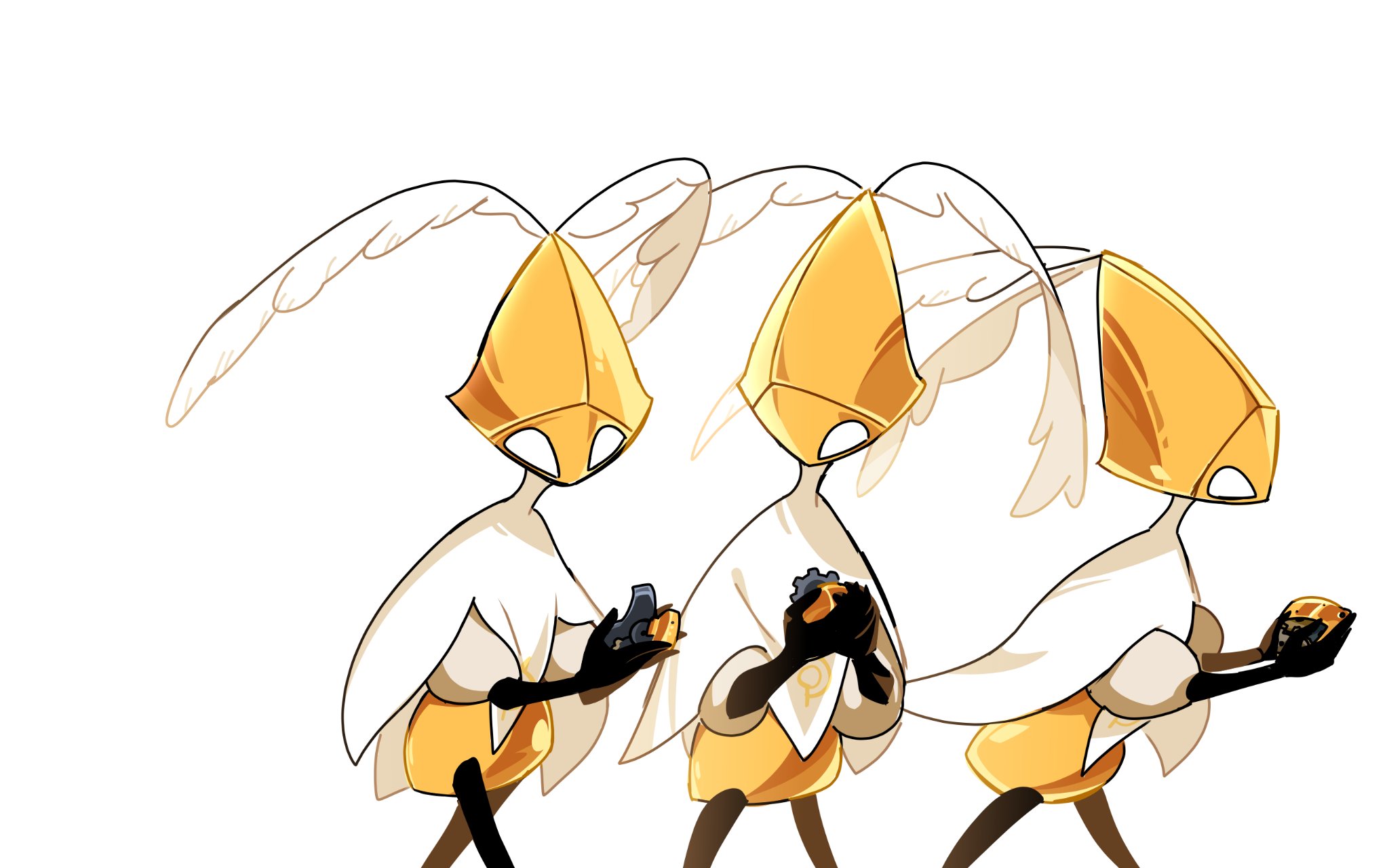 hollow knight, hollow knight: silksong, highres, 3others, arthropod limbs, cloak, cropped legs, gears, holding, looking at another, multiple others, no humans, other focus, second sentinel (hollow knight), simple background, starowarblern, walking, white background, white cloak, white eyes