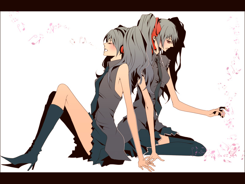 kudou saori, nineth, hatsune miku, vocaloid, bad id, bad pixiv id, 2girls, boots, high heels, knee boots, multiple girls, musical note, necktie, profile, shoes, sitting, skirt, thighhighs, twintails
