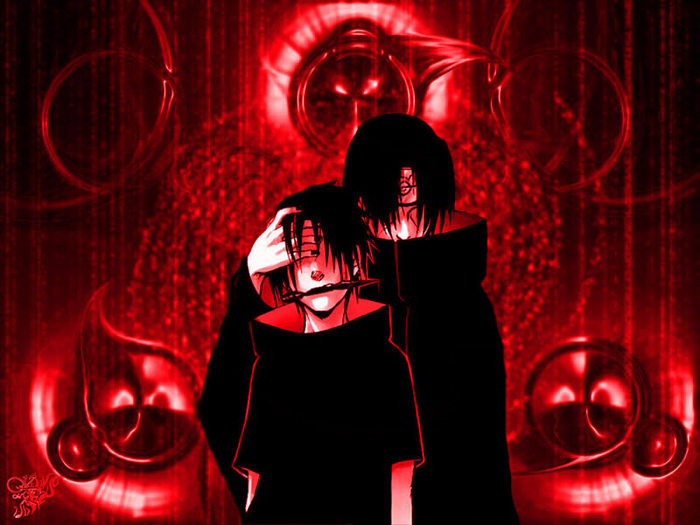 uchiha itachi, uchiha sasuke, naruto (classic), naruto (series), artist request, 2boys, akatsuki (naruto), brothers, cloak, covering face, covering own eyes, covering privates, kunai, male focus, mouth hold, multiple boys, red theme, siblings, weapon