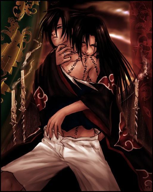 angeliq, uchiha itachi, uchiha sasuke, naruto (classic), naruto (series), brother, akatsuki (naruto), biting, black hair, brothers, cloak, curse, curse seal, family, incest, long hair, male focus, nail polish, seal (animal), siblings, sitting, undressing, yaoi