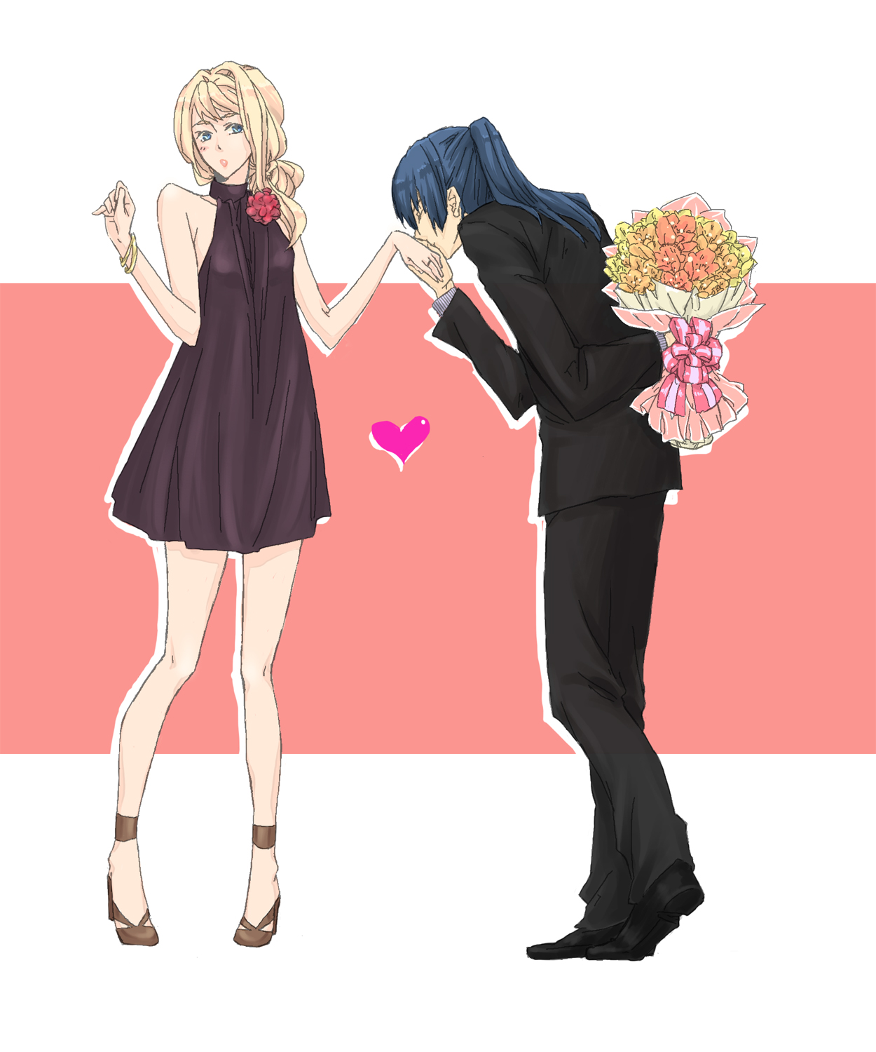 uramoi mocker, saotome alto, sheryl nome, macross, macross frontier, bad id, bad pixiv id, highres, 00s, 1boy, 1girl, couple, dress, flower, formal clothes, heart, hetero, kiss, kissing hand, suit