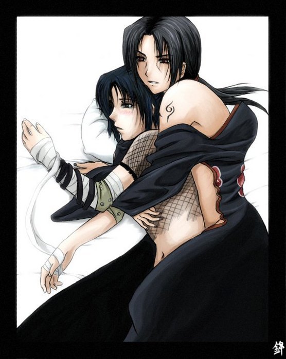 uchiha itachi, uchiha sasuke, naruto (classic), naruto (series), artist request, 2boys, akatsuki (naruto), anal, androgynous, bandages, brothers, cloak, from behind, hug, incest, male focus, male penetrated, multiple boys, siblings, tattoo, white background, yaoi