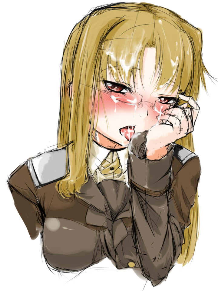 ankoku emu shougun, fate testarossa, lyrical nanoha, mahou shoujo lyrical nanoha, mahou shoujo lyrical nanoha strikers, 00s, blonde hair, blush, cum, cum in mouth, cum on clothes, cum on hair, cum on tongue, glasses, looking at viewer, red eyes, school uniform, solo, tongue, tongue out