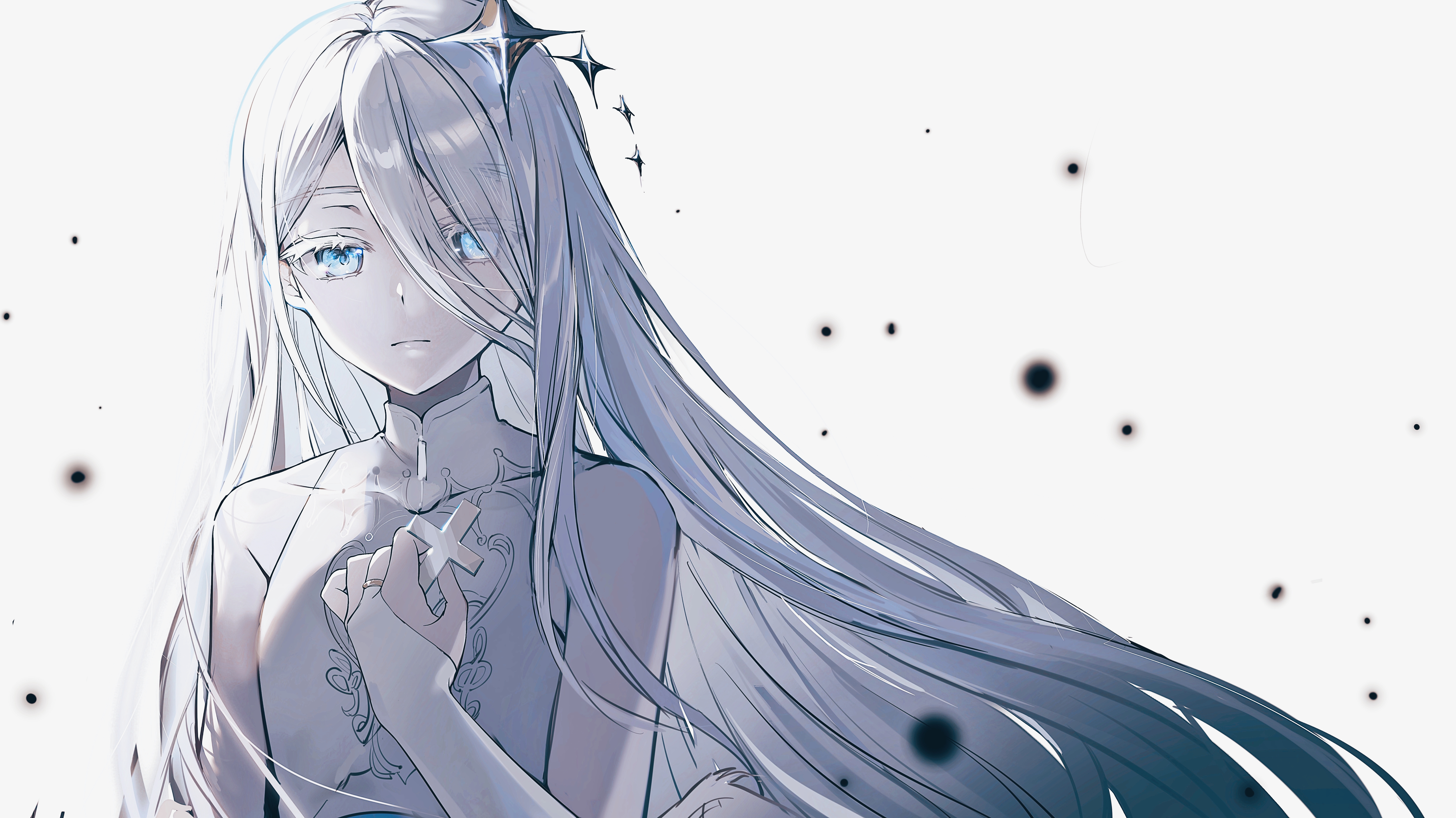 eamut1, yoisaki kanade, project sekai, absurdres, commentary, highres, 1girl, bloom festival (project sekai), blue eyes, collarbone, colored eyelashes, cross, dress, elbow gloves, expressionless, gloves, hair ornament, high collar, holding, holding cross, jewelry, light particles, long hair, official alternate costume, official alternate hair length, official alternate hairstyle, ring, simple background, sleeveless, sleeveless dress, solo, star (symbol), star hair ornament, swept bangs, upper body, very long hair, white background, white eyelashes, white hair