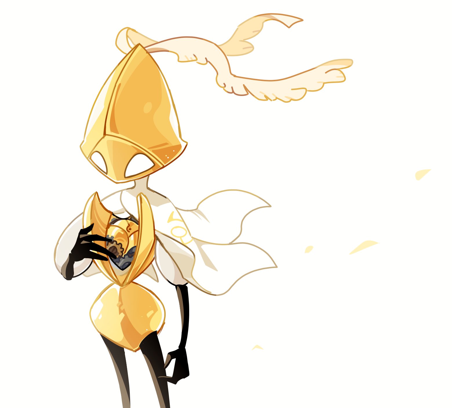 hollow knight, hollow knight: silksong, highres, 1other, arthropod limbs, black skin, cloak, colored skin, cropped legs, gears, humanoid robot, no humans, other focus, robot, second sentinel (hollow knight), simple background, starowarblern, white background, white cloak, white eyes