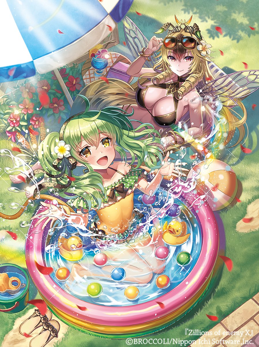 madopen, z/x, highres, official art, 2girls, antennae, arthropod girl, ball, beach umbrella, beachball, bee girl, bikini, breasts, brown hair, bucket, chair, cleavage cutout, closed mouth, clothing cutout, colored eyelashes, copyright notice, cup, curly hair, deck chair, domeki kisara, drinking glass, drinking straw, eyewear on head, flower, folding chair, from above, green hair, hair between eyes, hair flower, hair ornament, holding, holding removed eyewear, hose, insect girl, large breasts, long hair, multicolored hair, multiple girls, open mouth, outdoors, partially submerged, red eyes, red flower, red petals, rubber duck, sandals, sitting, splashing, submerged, sunglasses, swimsuit, table, twintails, umbrella, unworn eyewear, unworn sandals, vesparose, wading pool, wariza, yellow eyes