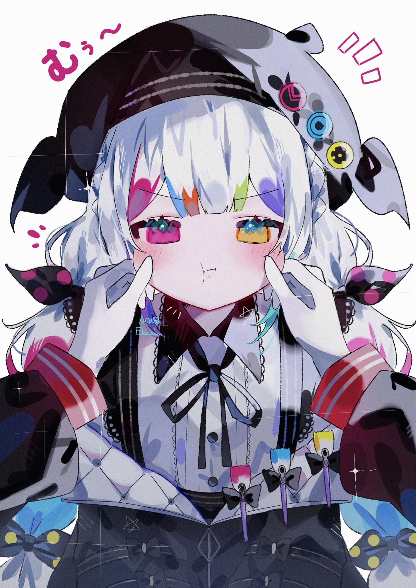 simple ice, jogasaki noah, nikaido hiro, mahou shoujo no majo saiban, commentary request, highres, translation request, 2girls, :t, artist painter, beret, black hat, bow, cheek pinching, gloves, hat, heterochromia, looking at viewer, magical girl, multi-tied hair, multiple girls, orange eyes, paint stains, paint tube, paintbrush, pinching, polka dot, polka dot bow, pout, red eyes, simple background, tied sleeves, white background, white gloves, white hair