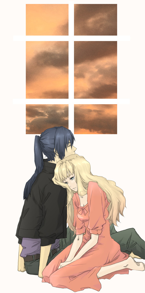 uramoi mocker, saotome alto, sheryl nome, macross, macross frontier, 00s, 1boy, 1girl, barefoot, closed eyes, couple, hetero