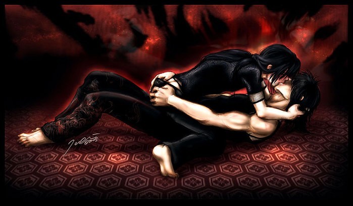 uchiha itachi, uchiha madara, naruto (series), naruto shippuuden, ass grab, artist request, 2boys, ass, black hair, family, incest, kiss, lying, male focus, multiple boys, on back, straddling, yaoi