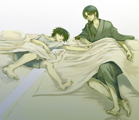 uchiha itachi, uchiha sasuke, naruto (classic), naruto (series), brother, artist request, lowres, barefoot, black hair, brothers, family, long hair, male focus, siblings, sleeping, watching