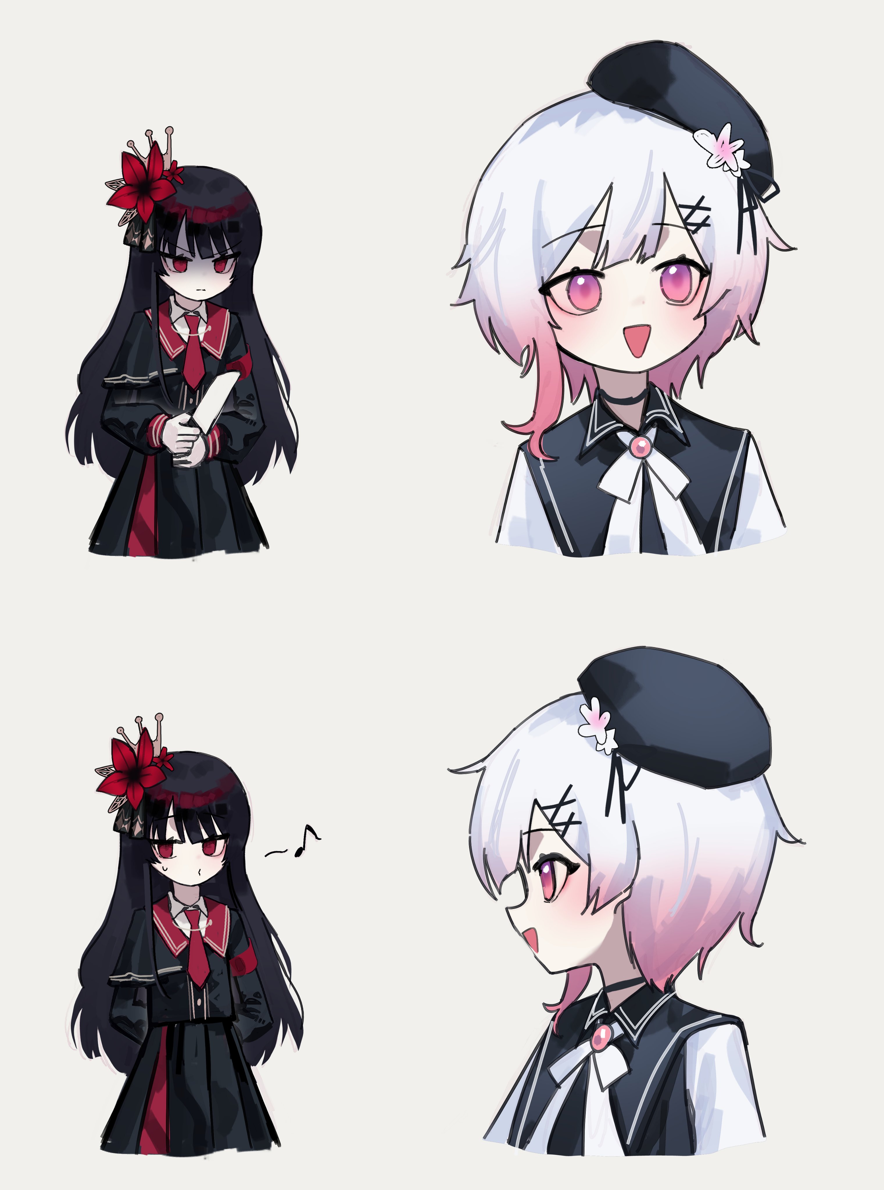 yoon cook, nikaido hiro, sakuraba ema, mahou shoujo no majo saiban, absurdres, highres, 2girls, :>, angry, armband, beret, black hair, black hat, flower, flower ornament, gradient hair, hair flower, hair ornament, hat, hime cut, holding, holding knife, knife, long hair, looking at another, magical girl, multicolored hair, multiple girls, necktie, open mouth, pink eyes, pink hair, red armband, red eyes, red flower, red necktie, shaded face, short hair, simple background, smile, whistling, white background, white flower, white hair, x hair ornament