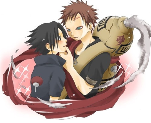 gaara (naruto), uchiha sasuke, naruto (classic), naruto (series), artist request, lowres, 2boys, male focus, multiple boys, sand, yaoi