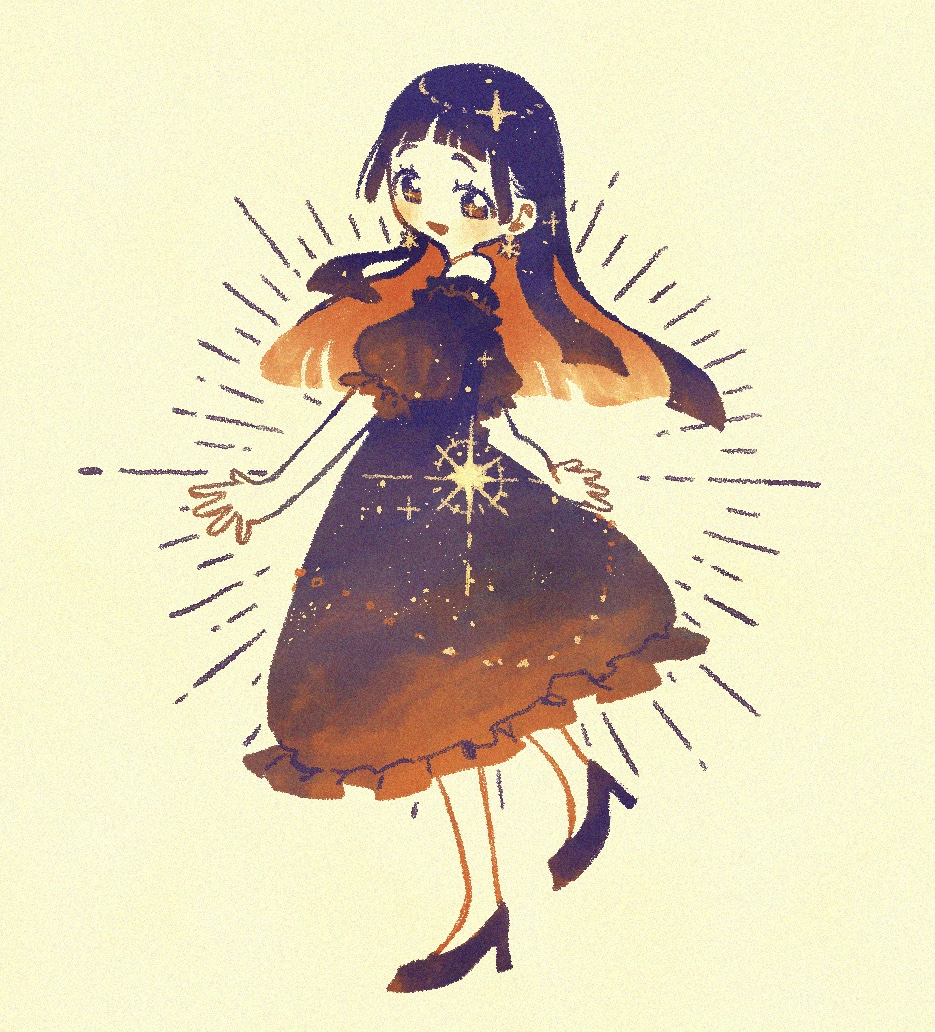 nama udon, kuramoto china, gakuen idolmaster, idolmaster, commentary request, :d, alternate hair color, bare shoulders, black dress, black hair, black shoes, blunt bangs, colored inner hair, dress, earrings, frilled dress, frilled sleeves, frills, from side, full body, jewelry, legs apart, light blush, long hair, medium dress, multicolored hair, no nose, no socks, open mouth, orange dress, orange hair, puffy short sleeves, puffy sleeves, shoes, short sleeves, simple background, smile, standing, standing on one leg, star-shaped pupils, star (sky), star (symbol), star earrings, starry sky print, straight hair, symbol-shaped pupils, two-tone dress, two-tone hair, yellow background, yellow pupils