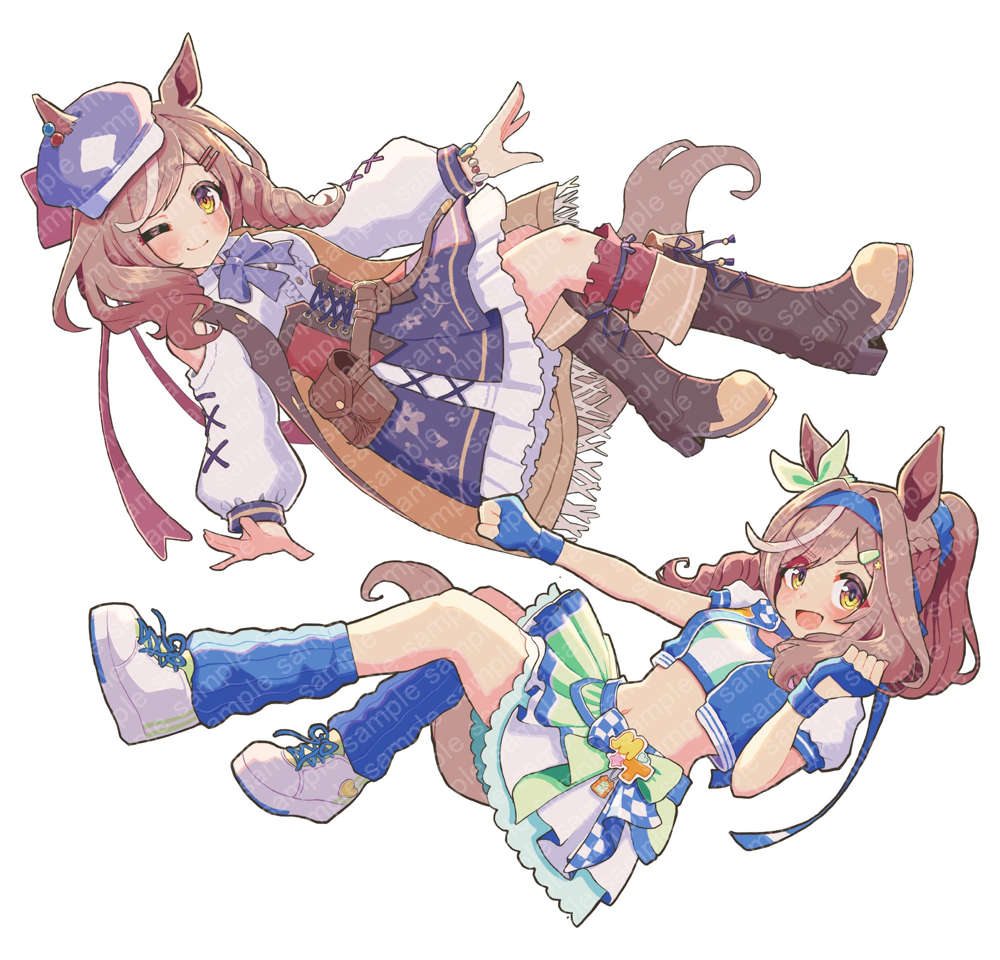 nenbutsu 0416, matikanetannhauser (blue turbulence) (umamusume), matikanetannhauser (panpaka tiltott) (umamusume), matikanetannhauser (umamusume), umamusume, highres, animal ears, belt bag, blue hat, ear covers, ear ornament, ears through headwear, ei ei mun!, hair ornament, hairclip, hat, horse ears, horse girl, horse tail, medium hair, multicolored hair, newsboy cap, streaked hair, tail, tilted headwear