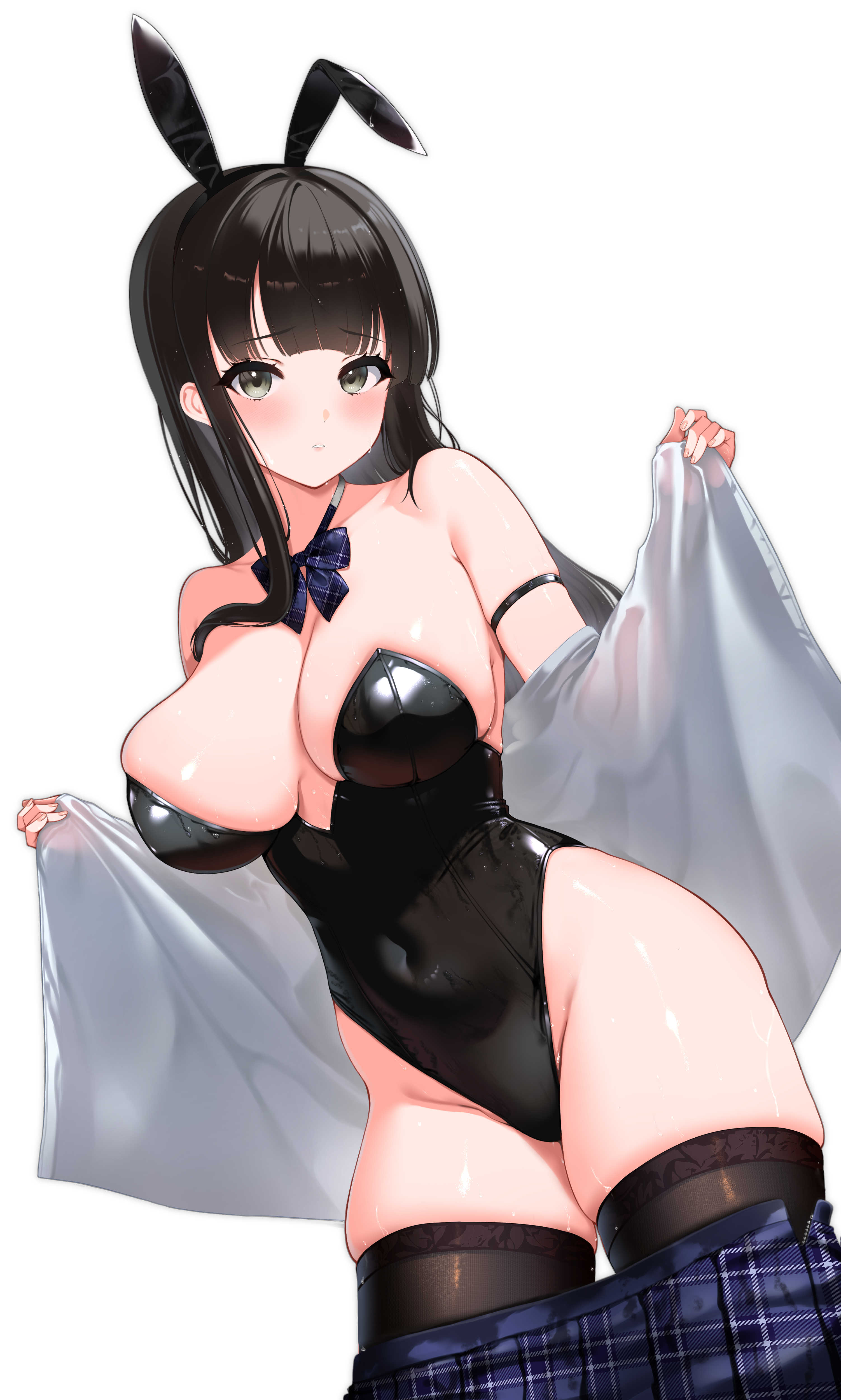 masaoka misaki, original, absurdres, commentary request, commission, highres, skeb commission, 1girl, animal ears, black leotard, black thighhighs, blue bow, blue bowtie, blue skirt, bow, bowtie, breasts, large breasts, leotard, leotard under clothes, open clothes, open shirt, plaid bow, plaid bowtie, plaid clothes, plaid skirt, playboy bunny, pleated skirt, rabbit ears, school uniform, simple background, skirt, solo, thighhighs, unworn skirt, w arms, white background, white hair