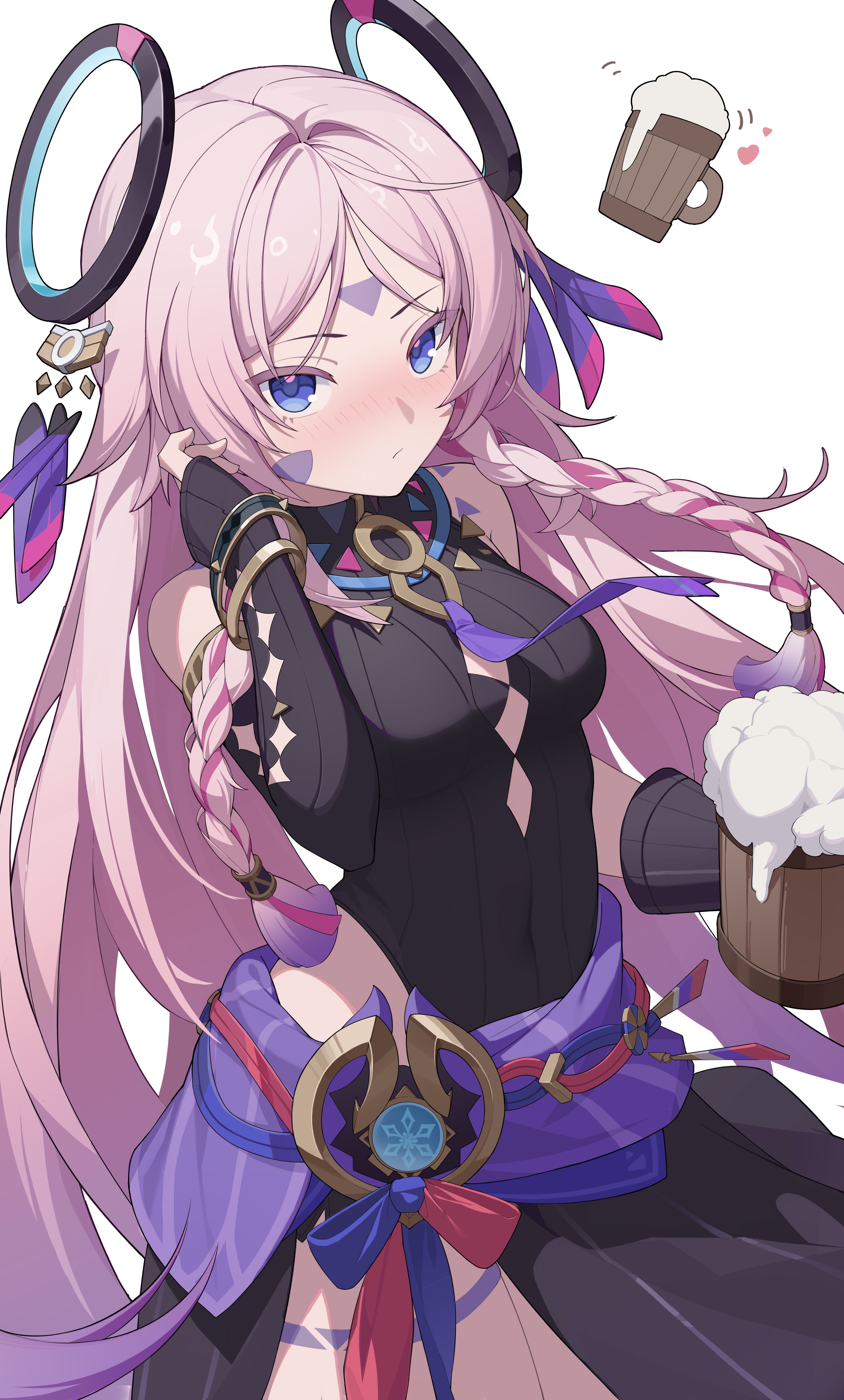 fenlinhuoshan, citlali (genshin impact), genshin impact, absurdres, highres, 1girl, bare shoulders, beer mug, black dress, black gloves, blue eyes, blush, braid, breasts, closed mouth, cup, dress, facepaint, gloves, hair ornament, heart, long hair, looking at viewer, mug, pink hair, solo