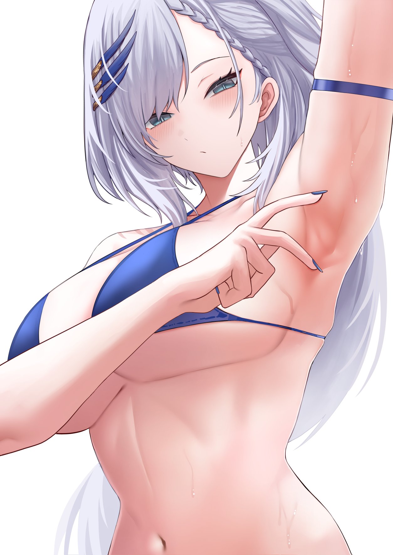 si farid, pavolia reine, hololive, hololive indonesia, highres, 1girl, armpits, bikini, blue bikini, blue eyes, blush, breasts, grey hair, large breasts, long hair, navel, simple background, solo, swimsuit, upper body, virtual youtuber, white background