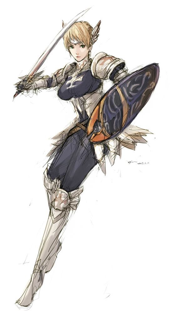 opiu, fantasy earth zero, armor, blonde hair, cross, earrings, green eyes, head wings, jewelry, shield, short hair, sketch, solo, sword, valkyrie, weapon, wings