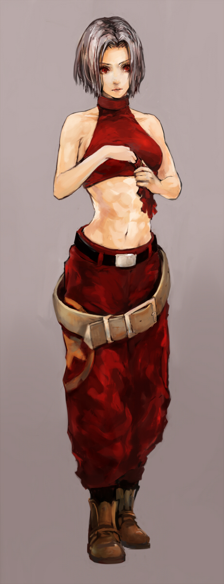 opiu, blue mary, fatal fury, snk, the king of fighters, silver hair, highres, long image, tall image, 1girl, abs, alternate color, belt, belt skirt, boots, female focus, gloves, halterneck, midriff, navel, red eyes, short hair, solo