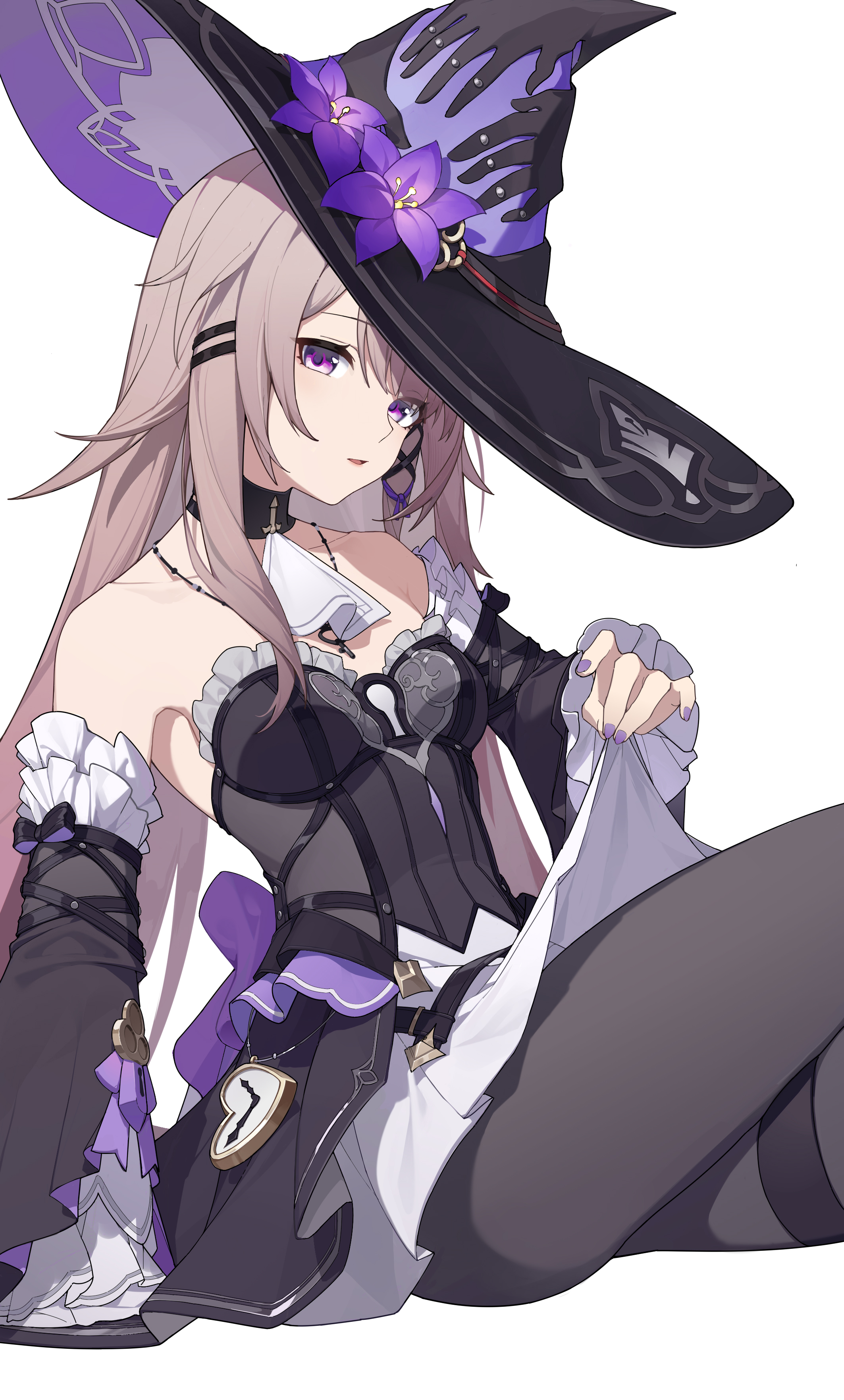 fenlinhuoshan, herta (honkai: star rail), the herta (honkai: star rail), honkai: star rail, honkai (series), absurdres, highres, 1girl, bare shoulders, black dress, black pantyhose, breasts, brown hair, choker, clothes lift, crossed legs, detached sleeves, dress, earrings, flower, frilled dress, frilled sleeves, frills, hair ornament, hairclip, hat, hat flower, jewelry, lifting own clothes, long hair, long sleeves, looking at viewer, medium breasts, pantyhose, parted lips, purple eyes, purple flower, purple nails, simple background, sitting, skirt, solo, white background, wide sleeves, witch hat