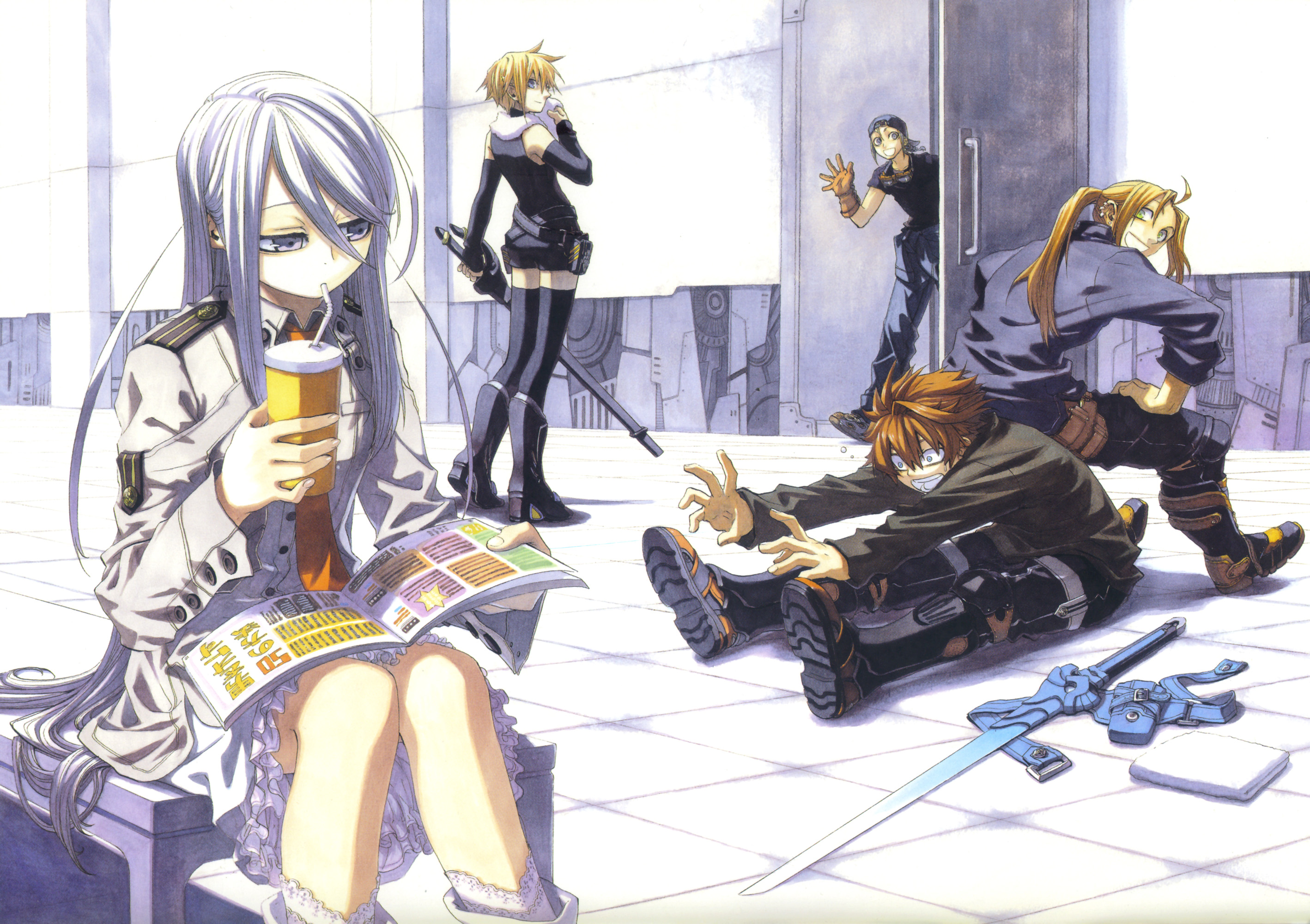 miyuu, felli loss, harley sutton, layfon alseif, nina antalk, sharnid elipton, koukaku no regios, uniform, highres, non-web source, 2girls, 3boys, belt, black hair, blonde hair, blue eyes, boots, brown hair, door, dress, drinking straw, frilled skirt, frills, gloves, long hair, magazine (object), multiple boys, multiple girls, necktie, one eye closed, short hair, singlestick, skirt, soda, sword, thighhighs, towel, very long hair, weapon, white hair, wink