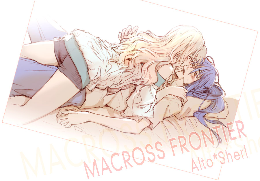 renraku saki, saotome alto, sheryl nome, macross, macross frontier, 00s, 1boy, 1girl, blush, couple, girl on top, hetero