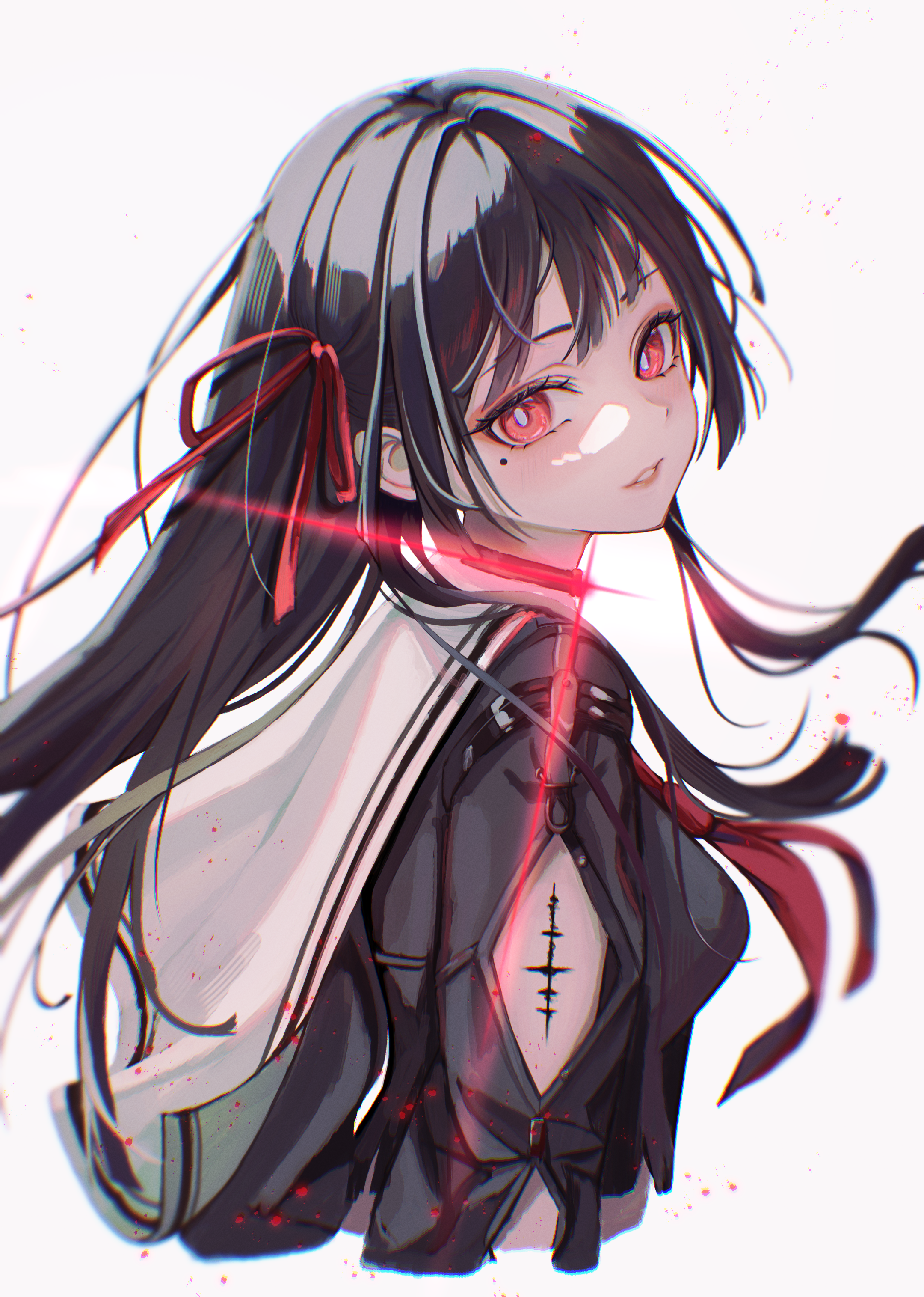 chisa (wuthering waves), wuthering waves, absurdres, commentary, highres, 0 tsunamayo 0, 1girl, arm cutout, black hair, black shirt, breasts, clothing cutout, hair ribbon, long hair, looking at viewer, looking to the side, medium breasts, mole, mole under eye, neckerchief, parted lips, red neckerchief, red ribbon, ribbon, sailor collar, shirt, solo, tacet mark (wuthering waves), white sailor collar