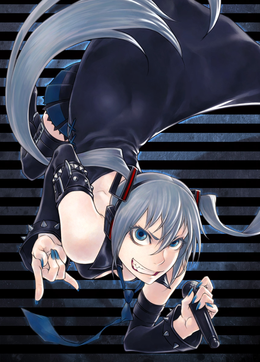 hanji (hansi), hagane miku, hatsune miku, hagane vocaloid, vocaloid, silver hair, highres, 1girl, n/, blue eyes, breasts, cleavage, detached sleeves, evil grin, evil smile, fang, female focus, foreshortening, grin, leather, long hair, m/, microphone, nail polish, skirt, smile, solo, spikes, thighhighs, twintails, upside-down