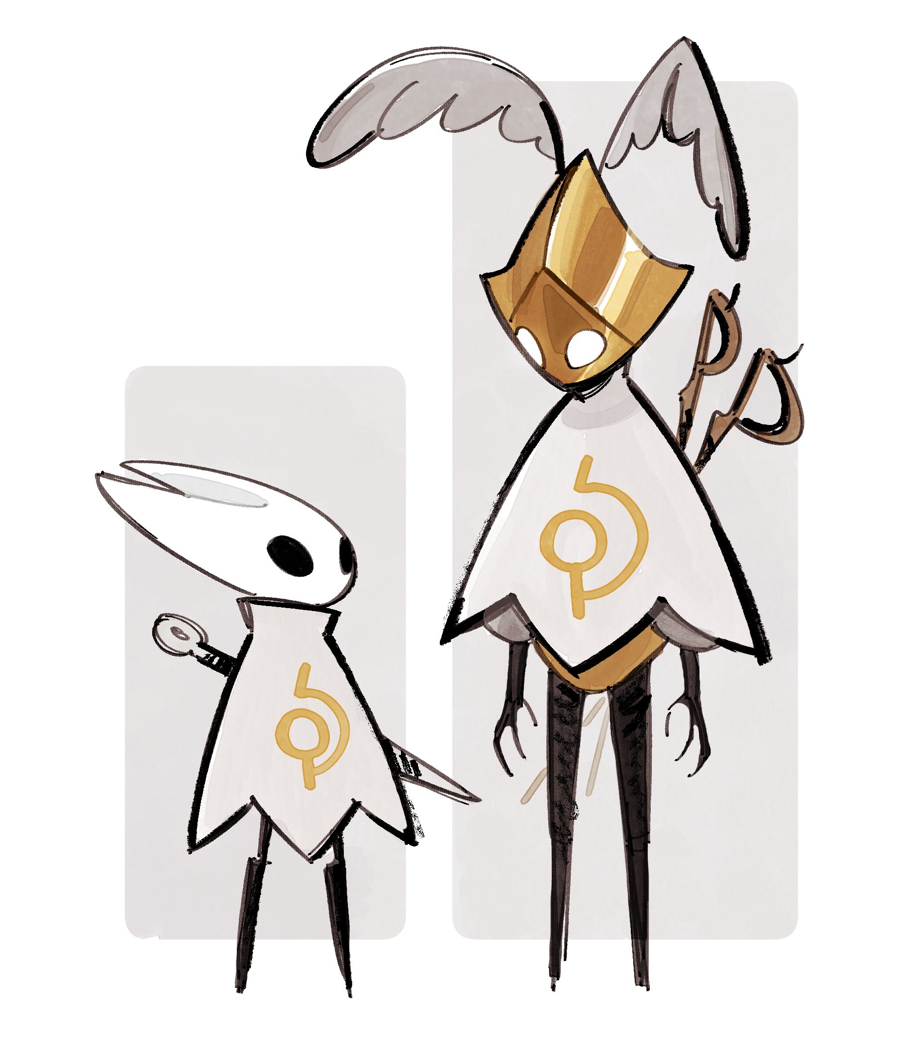 ange (angeban93), hornet (hollow knight), hollow knight, hollow knight: silksong, highres, 1girl, 1other, arthropod girl, arthropod limbs, black skin, cloak, colored skin, full body, hollow eyes, horned mask, horns, looking at another, mask, needle (hollow knight), no humans, second sentinel (hollow knight), simple background, sword, weapon, weapon on back, white background, white cloak, white eyes, white mask