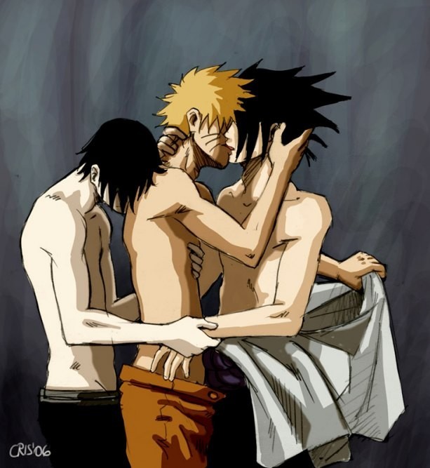 crisart, sai, uchiha sasuke, uzumaki naruto, naruto shippuuden, naruto, group sex, kiss, sex, threesome, tongue, topless male, undressing, yaoi