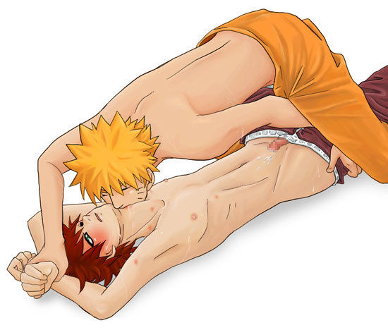fumio (faint), gaara (naruto), uzumaki naruto, naruto (classic), naruto (series), 2boys, blonde hair, blush, censored, cum, cum on body, love bite, male focus, multiple boys, penis, red hair, sex, sweat, topless male, undressing, unzipped, yaoi