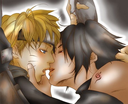 uchiha sasuke, uzumaki naruto, naruto (classic), naruto (series), artist request, lowres, blonde hair, blush, kiss, male focus, yaoi