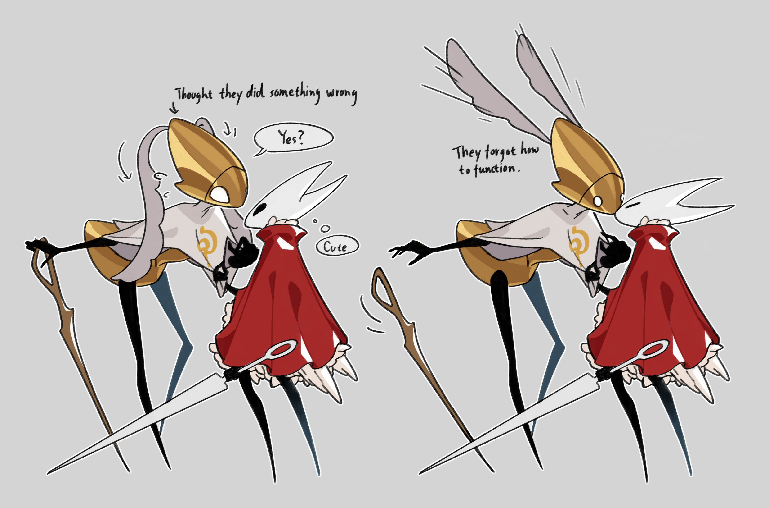 hornet (hollow knight), hollow knight, hollow knight: silksong, absurdres, highres, 1girl, 1other, arthropod girl, arthropod limbs, black skin, cloak, colored skin, english text, grey background, holding, holding needle, hollow eyes, horned mask, horns, kiss, leafjuly, looking at another, mask, needle, needle (hollow knight), no humans, o o, second sentinel (hollow knight), simple background, speech bubble, sword, thought bubble, weapon, white cloak, white eyes, white mask