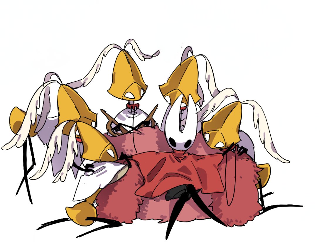 hornet (hollow knight), hollow knight, hollow knight: silksong, 1girl, 5others, animal collar, arthropod girl, arthropod limbs, black skin, cloak, collar, colored skin, crossed legs, dual wielding, harem, holding, hollow eyes, horned mask, horns, looking at another, mask, multiple others, no humans, oxide cat, second sentinel (hollow knight), simple background, sword, weapon, white background, white cloak, white eyes, white mask