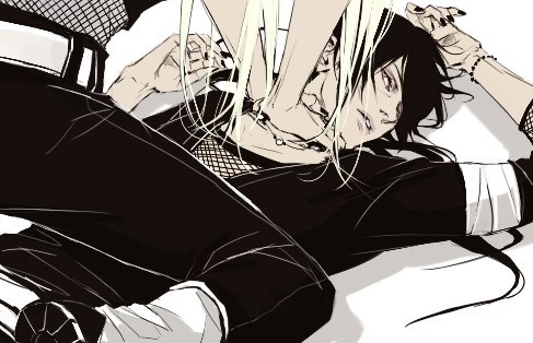 lily (artist), deidara (naruto), uchiha itachi, naruto (series), naruto shippuuden, lowres, 2boys, akatsuki (naruto), black hair, blonde hair, male focus, monochrome, multiple boys, nail polish, straddling, strangling, yaoi