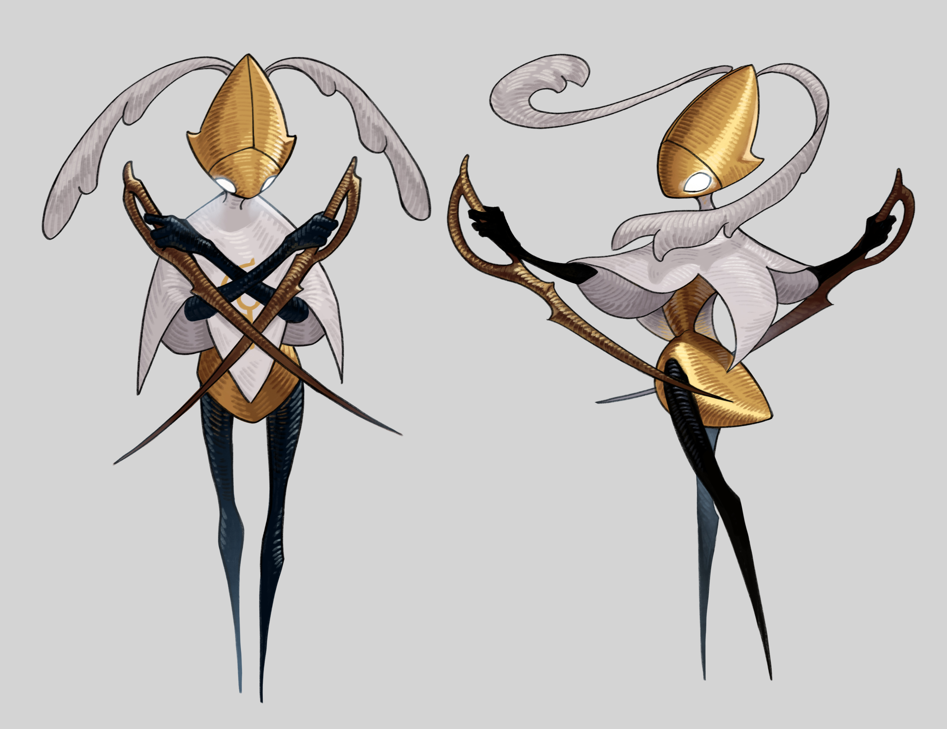 hollow knight, hollow knight: silksong, absurdres, highres, arthropod limbs, black skin, cloak, colored skin, crossed weapons, dual wielding, full body, grey background, holding, leafjuly, multiple views, no humans, reverse grip, second sentinel (hollow knight), simple background, sword, weapon, white cloak, white eyes