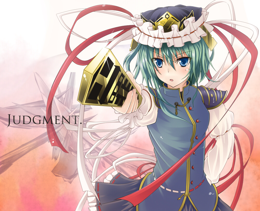 momiz-tama (pixiv), tokijiro, shiki eiki, touhou, bad id, bad pixiv id, 1girl, blue eyes, female focus, green hair, hat, ribbon, rod of remorse, short hair, solo