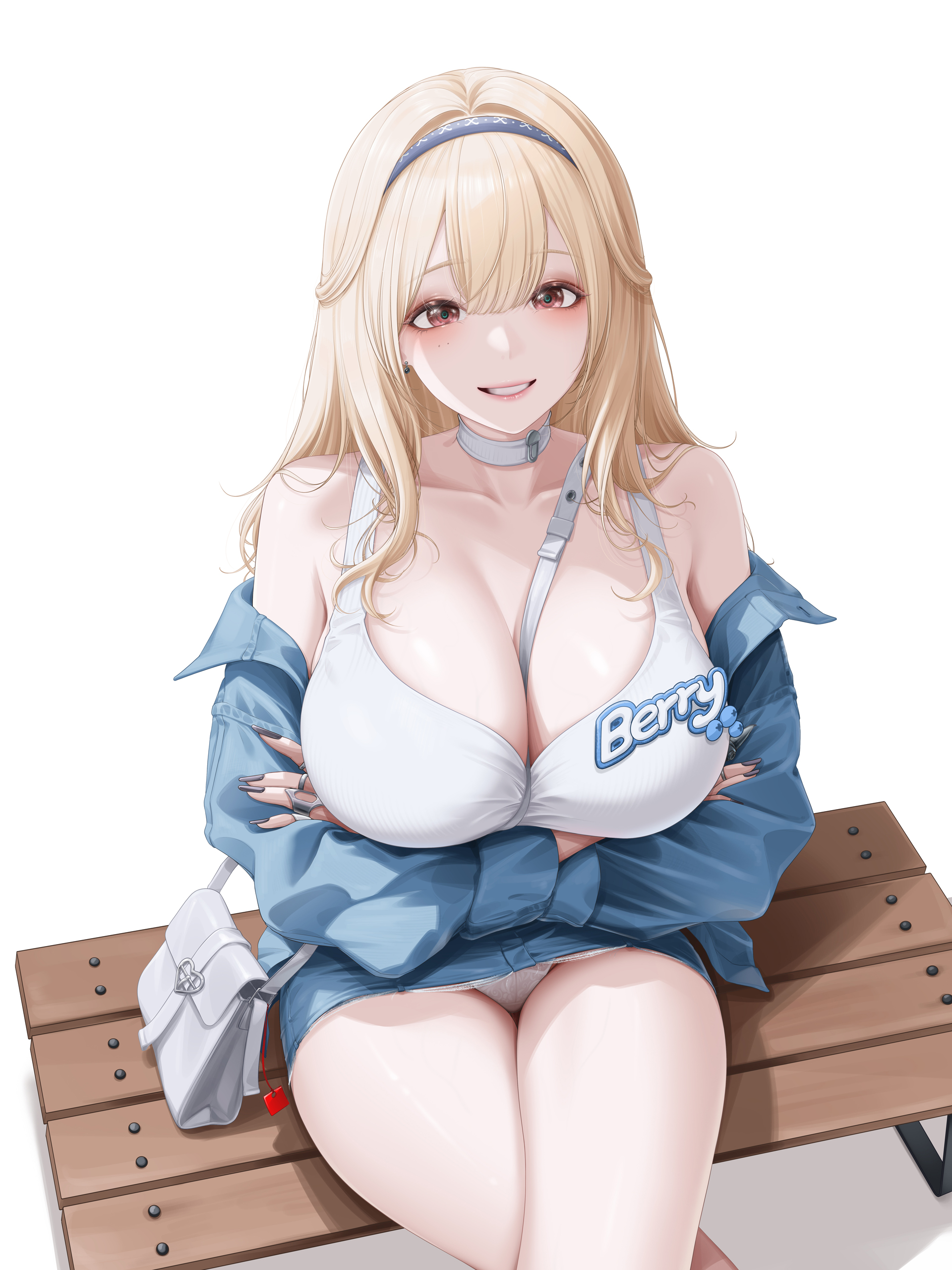 myomomoo, tia (lovely date) (nikke), tia (nikke), goddess of victory: nikke, absurdres, highres, 1girl, bag, bare shoulders, bench, between breasts, black nails, blonde hair, blue jacket, blue skirt, breasts, choker, cleavage, collarbone, crossed arms, crossed legs, cutoffs, denim, denim jacket, denim skirt, grin, hairband, jacket, large breasts, long hair, looking at viewer, miniskirt, nail polish, off shoulder, official alternate costume, open clothes, open jacket, panties, red eyes, shirt, shoulder bag, simple background, sitting, skirt, sleeveless, sleeveless shirt, smile, solo, thighs, underwear, white background, white choker, white panties, white shirt
