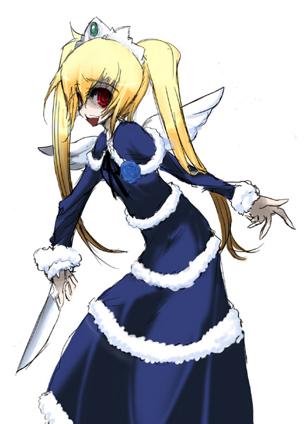 fancy, futaba channel, nijiura maids, 1girl, blonde hair, blue dress, cleaver, dress, female focus, fur trim, knife, long hair, open mouth, red eyes, ringed eyes, simple background, solo, twintails, white background, wings