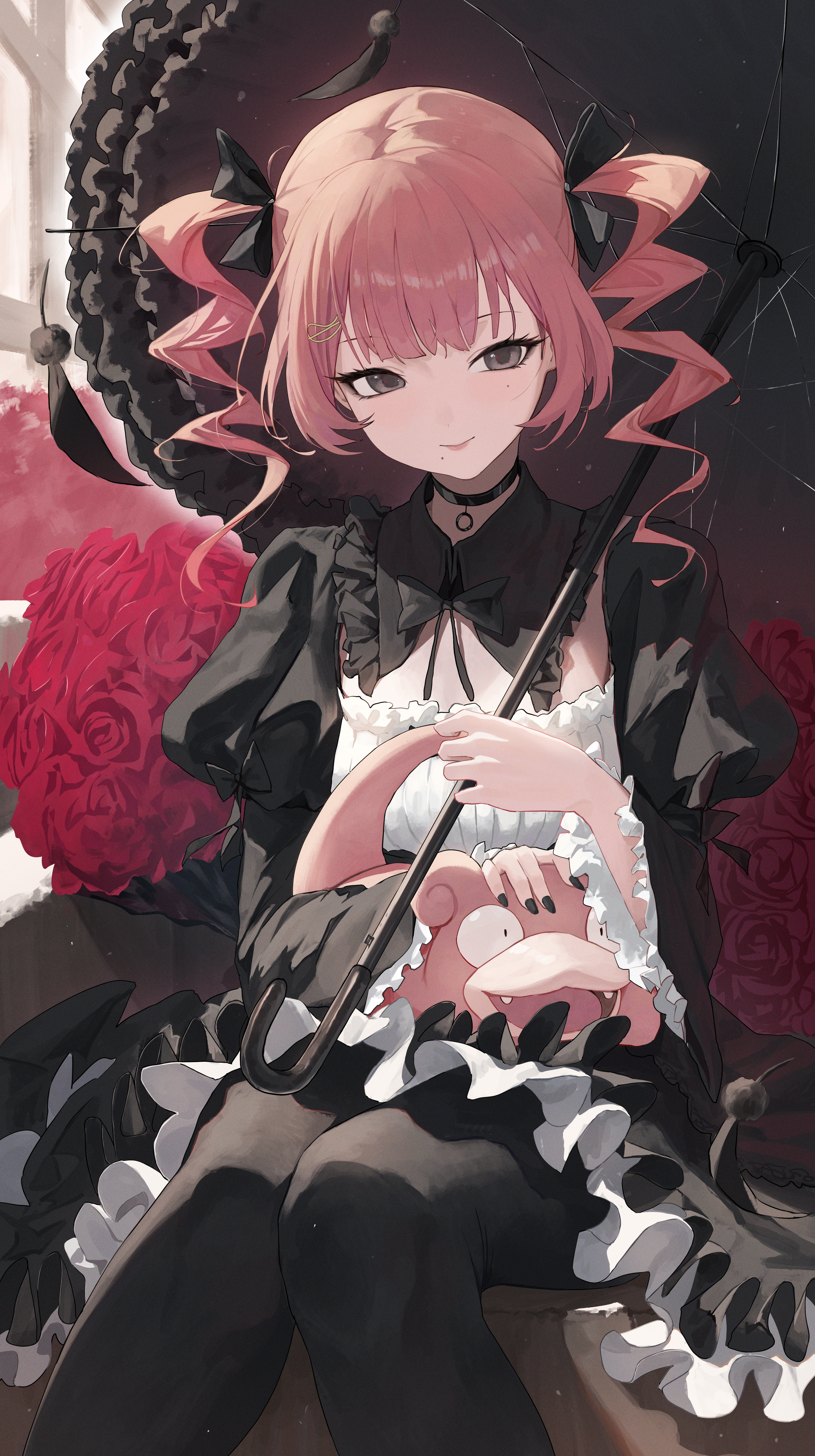 re naya, slowpoke, original, absurdres, check copyright, commentary, copyright request, highres, 1girl, animal, animal on lap, black choker, black collar, black dress, black eyes, black nails, black pantyhose, black ribbon, black umbrella, bouquet, choker, closed mouth, collar, detached collar, dress, feet out of frame, flower, frilled dress, frilled sleeves, frills, gen 1 pokemon, goth fashion, hair between eyes, holding, holding umbrella, looking at viewer, mole, mole under eye, mole under mouth, multicolored dress, nail polish, on lap, pantyhose, pink hair, puffy sleeves, red flower, red rose, ribbon, rose, short hair, sidelocks, sitting, two-tone dress, umbrella, white dress