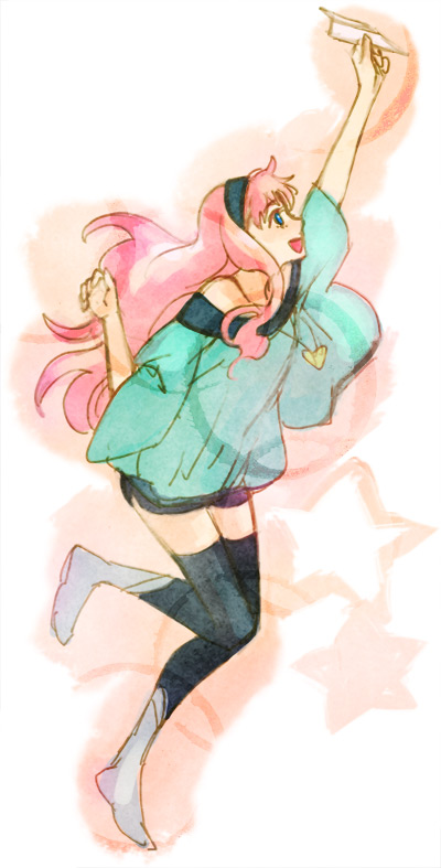 monaka, sheryl nome, macross, macross frontier, 00s, 1girl, :o, bare shoulders, black skirt, black thighhighs, blush, collarbone, contemporary, female focus, holding, holding paper airplane, miniskirt, off-shoulder, off-shoulder sweater, off shoulder, open mouth, paper airplane, simple background, skirt, solo, sweater, thighhighs, waving, white background, zettai ryouiki
