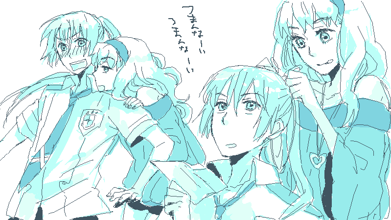 monaka, saotome alto, sheryl nome, macross, macross frontier, translation request, 00s, 1boy, 1girl, :p, aqua theme, holding, holding paper airplane, monochrome, paper airplane, school uniform, simple background, tongue, tongue out